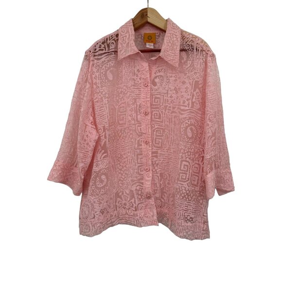 Ruby Rd. Women's Sheer Pink Blouse Size 18 Button-Down Shirt 3/4 Sleeve Floral P - Picture 1 of 6